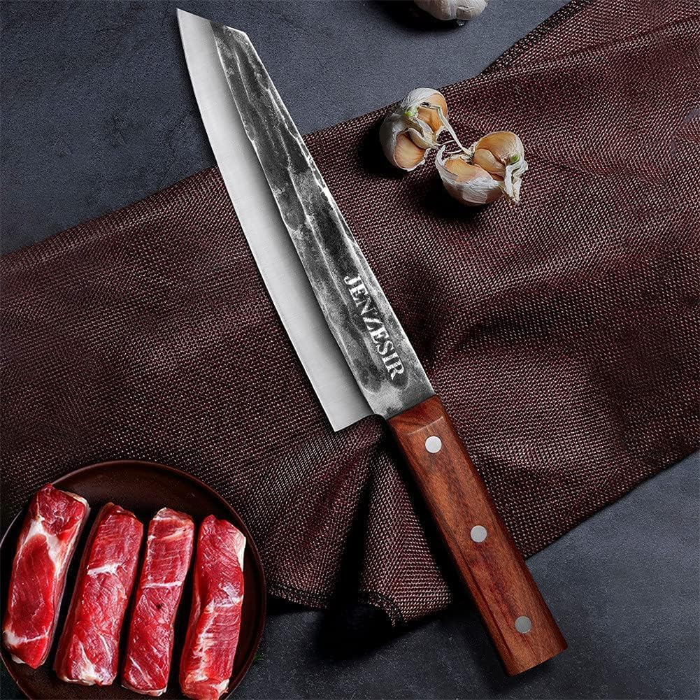 Handmade Forged Kiritsuke Knife,Ultra Sharp Japanese Chef Knife 8 Inch 9Cr18Mov Steel Professional Cooking Knives Octagon Handle Gyuto Knife for Home, Kitchen & Restaurant, Brown/silver