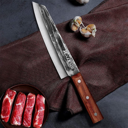Handmade Forged Kiritsuke Knife,Ultra Sharp Japanese Chef Knife 8 Inch 9Cr18Mov Steel Professional Cooking Knives Octagon Handle Gyuto Knife for Home, Kitchen & Restaurant, Brown/silver