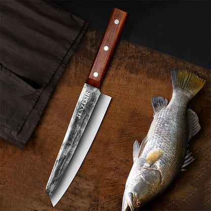 Handmade Forged Kiritsuke Knife,Ultra Sharp Japanese Chef Knife 8 Inch 9Cr18Mov Steel Professional Cooking Knives Octagon Handle Gyuto Knife for Home, Kitchen & Restaurant, Brown/silver