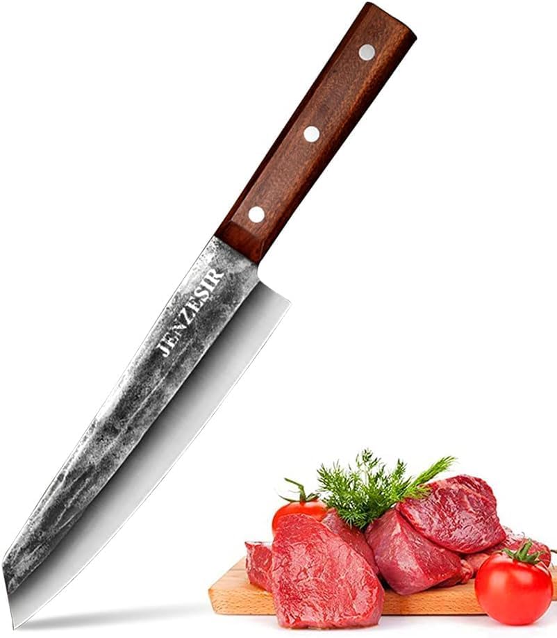 Handmade Forged Kiritsuke Knife,Ultra Sharp Japanese Chef Knife 8 Inch 9Cr18Mov Steel Professional Cooking Knives Octagon Handle Gyuto Knife for Home, Kitchen & Restaurant, Brown/silver