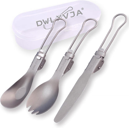 Titanium Camping Utensils Set, 3-Piece Foldable Spork Spoon Knife with Case, 0.15lb Lightweight Travel Flatware for Backpacking Outdoor Hiking Office Lunch, Reusable Eco-Friendly Gift