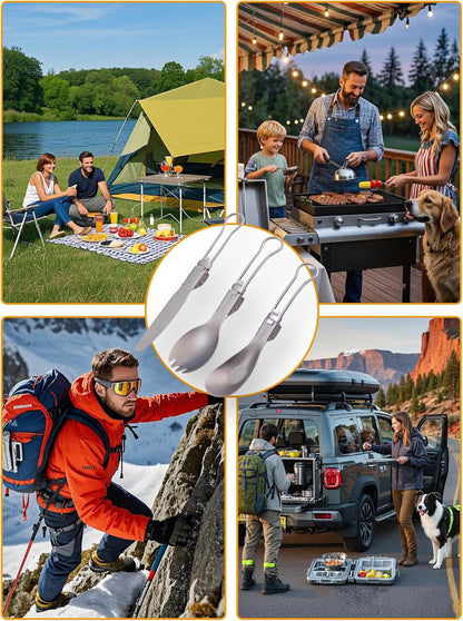 Titanium Camping Utensils Set, 3-Piece Foldable Spork Spoon Knife with Case, 0.15lb Lightweight Travel Flatware for Backpacking Outdoor Hiking Office Lunch, Reusable Eco-Friendly Gift