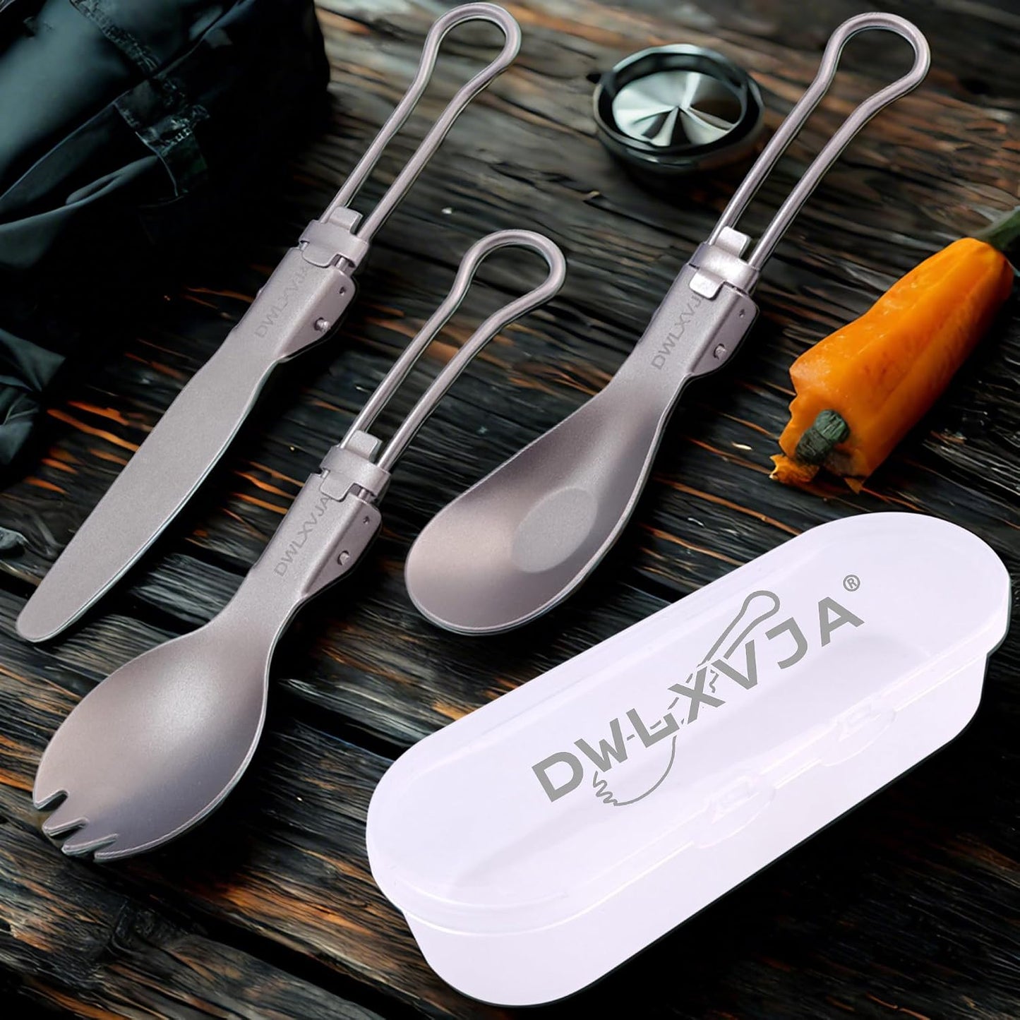 Titanium Camping Utensils Set, 3-Piece Foldable Spork Spoon Knife with Case, 0.15lb Lightweight Travel Flatware for Backpacking Outdoor Hiking Office Lunch, Reusable Eco-Friendly Gift