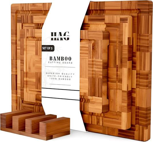 Bamboo Cutting Board Set of 3 in Large, XL and XXL Sizes, Heavy Duty Wooden Kitchen Boards, End Grain Butcher Block with Juice Groove, Durable Non-Slip Serving and Prep Boards