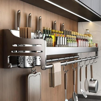 304 Stainless Steel Knife & Utensil Holder with Spice Shelf - Wall Mounted Hanging Spice Rack & Tool Storage, 40cm Kitchen Organizer for Spices & Cutlery
