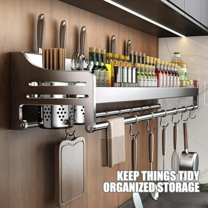 304 Stainless Steel Knife & Utensil Holder with Spice Shelf - Wall Mounted Hanging Spice Rack & Tool Storage, 40cm Kitchen Organizer for Spices & Cutlery