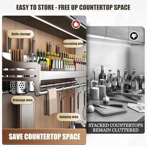 304 Stainless Steel Knife & Utensil Holder with Spice Shelf - Wall Mounted Hanging Spice Rack & Tool Storage, 40cm Kitchen Organizer for Spices & Cutlery