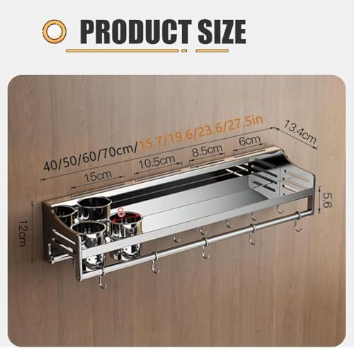 304 Stainless Steel Knife & Utensil Holder with Spice Shelf - Wall Mounted Hanging Spice Rack & Tool Storage, 40cm Kitchen Organizer for Spices & Cutlery