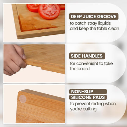Bamboo Cutting Boards for Kitchen, Extra Large Wood Cutting Board with Rotating Kickstand & Juice Groove, Wooden Chopping Board for Meats Veges Fruits, Heavy Duty Serving Tray, 17 x 11.3 inch