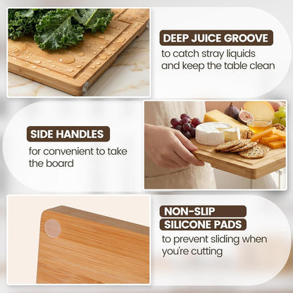 Bamboo Cutting Boards for Kitchen, Extra Large Wood Cutting Board with Rotating Kickstand & Juice Groove, Wooden Chopping Board for Meats Veges Fruits, Heavy Duty Serving Tray, 17 x 11.3 inch