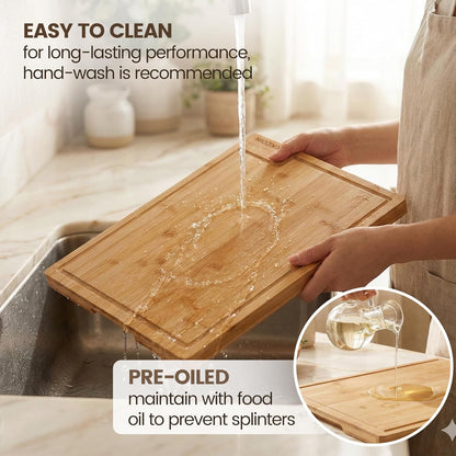 Bamboo Cutting Boards for Kitchen, Extra Large Wood Cutting Board with Rotating Kickstand & Juice Groove, Wooden Chopping Board for Meats Veges Fruits, Heavy Duty Serving Tray, 17 x 11.3 inch