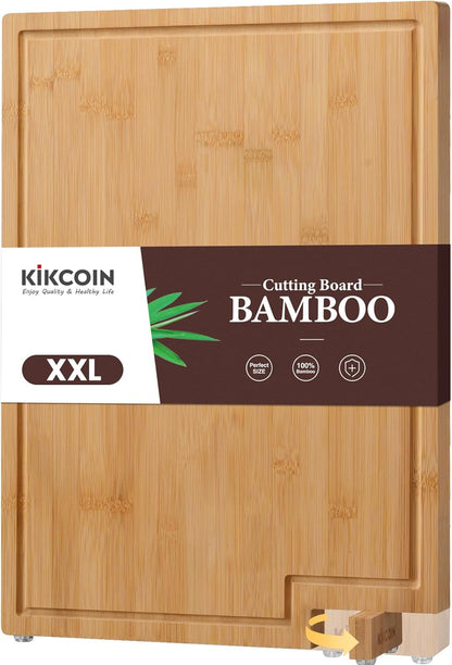Bamboo Cutting Boards for Kitchen, Extra Large Wood Cutting Board with Rotating Kickstand & Juice Groove, Wooden Chopping Board for Meats Veges Fruits, Heavy Duty Serving Tray, 17 x 11.3 inch