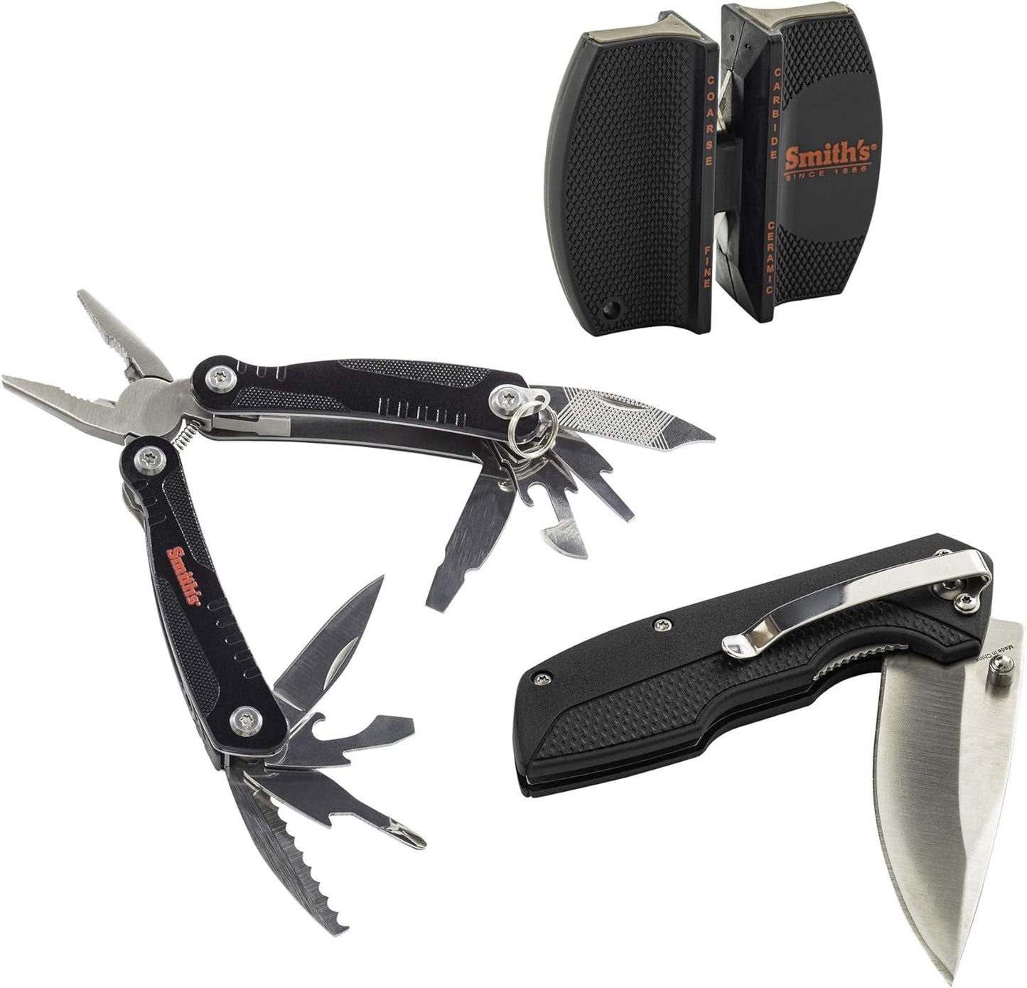 Smith's 51230 3 Piece Folding Knife Combo Kit - Folding Pocket Knife, Multi-Tool Pliers, 2-Stage Sharpener - 12 Tools in One - Camping, Hiking & Hunting Survival Tool - Lightweight + Stainless Steel