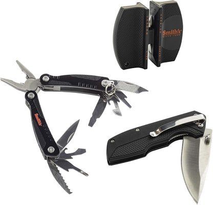 Smith's 51230 3 Piece Folding Knife Combo Kit - Folding Pocket Knife, Multi-Tool Pliers, 2-Stage Sharpener - 12 Tools in One - Camping, Hiking & Hunting Survival Tool - Lightweight + Stainless Steel