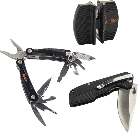 Smith's 51230 3 Piece Folding Knife Combo Kit - Folding Pocket Knife, Multi-Tool Pliers, 2-Stage Sharpener - 12 Tools in One - Camping, Hiking & Hunting Survival Tool - Lightweight + Stainless Steel