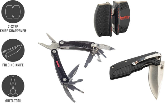 Smith's 51230 3 Piece Folding Knife Combo Kit - Folding Pocket Knife, Multi-Tool Pliers, 2-Stage Sharpener - 12 Tools in One - Camping, Hiking & Hunting Survival Tool - Lightweight + Stainless Steel