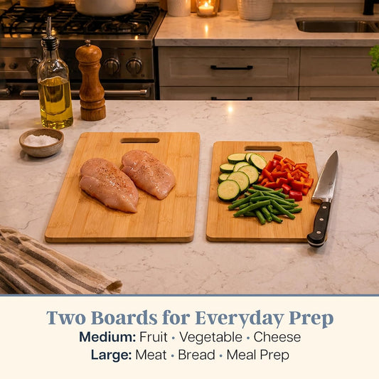 Cutting Board Set, 2 Reversible Cutting Boards for Kitchen | Large and medium wood chopping boards. Everyday prep for produce, meat, fish and poultry. Built-in handle holes for storage.