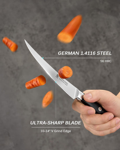 6" Slim Curved Boning Knife - German Steel Japanese Deboning Knife | 56 Hrc German 1.4116 Steel Full Tang Blade, Bone Contour V Edge, Pakkawood Handle, Meat Butcher Knife With Gift Box