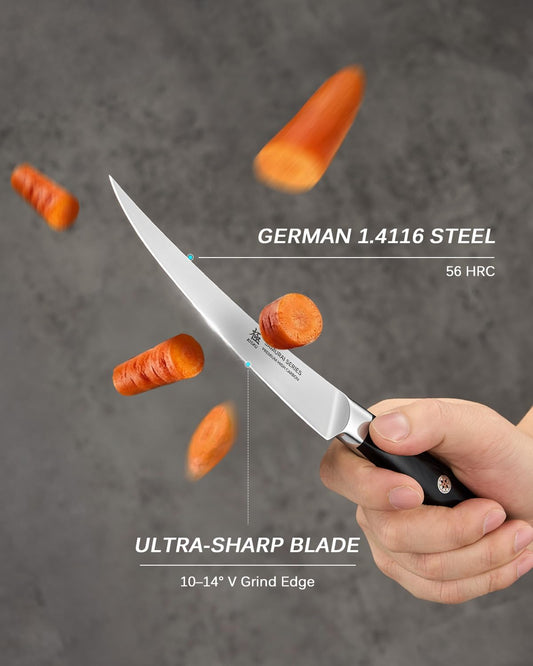 6" Slim Curved Boning Knife - German Steel Japanese Deboning Knife | 56 Hrc German 1.4116 Steel Full Tang Blade, Bone Contour V Edge, Pakkawood Handle, Meat Butcher Knife With Gift Box