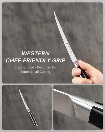 6" Slim Curved Boning Knife - German Steel Japanese Deboning Knife | 56 Hrc German 1.4116 Steel Full Tang Blade, Bone Contour V Edge, Pakkawood Handle, Meat Butcher Knife With Gift Box