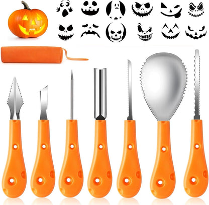 Halloween Pumpkin Carving Kit,Professional and Heavy Duty Stainless Steel Tools,Pumpkin Carving Set with12 Pumpkin Stencils Carrying Case(7pcs)