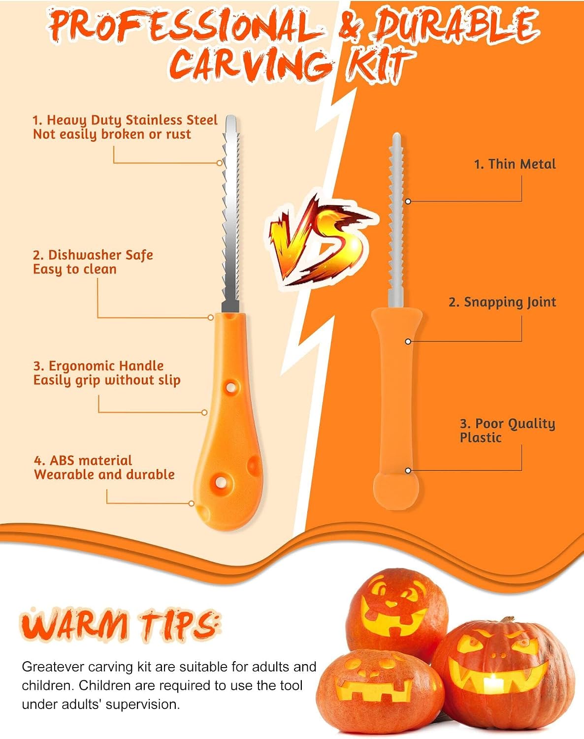 Halloween Pumpkin Carving Kit,Professional and Heavy Duty Stainless Steel Tools,Pumpkin Carving Set with12 Pumpkin Stencils Carrying Case(7pcs)