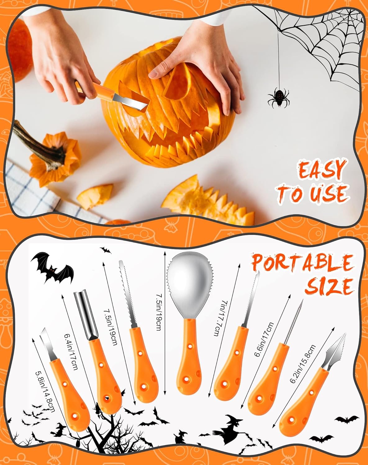 Halloween Pumpkin Carving Kit,Professional and Heavy Duty Stainless Steel Tools,Pumpkin Carving Set with12 Pumpkin Stencils Carrying Case(7pcs)