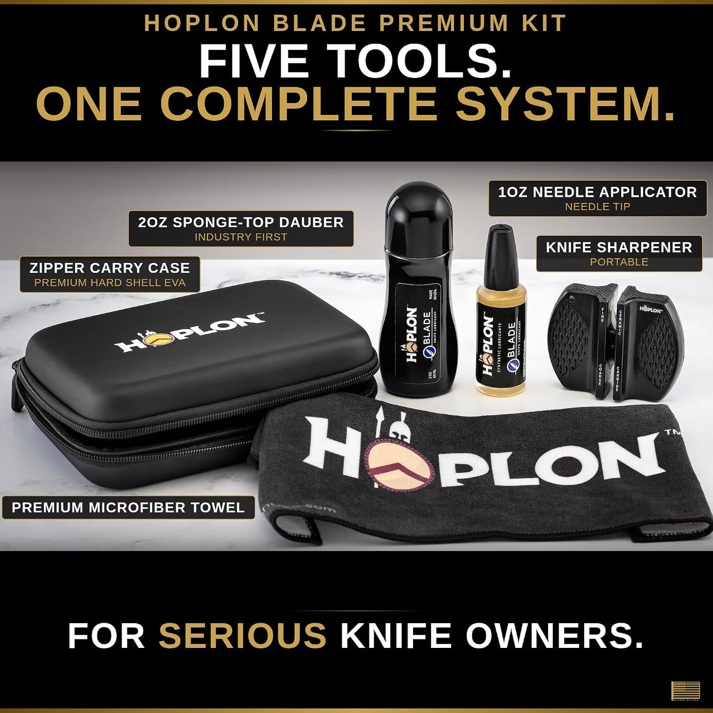 Hoplon Blade Premium Kit - 3oz Knife Oil (9X More Than Leading Oils) - Pocket Knife Cleaning & Care Kit, Dauber & Needle Applicators, Rust Prevention, Complete Knife Restoration & Maintenance Set