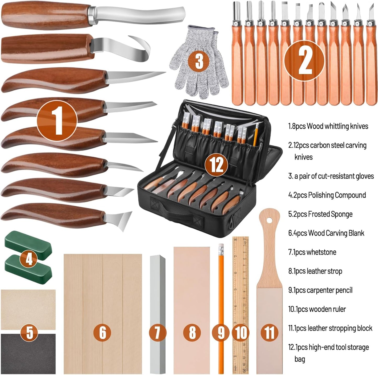 Olerqzer 35-in-1 Wood Carving Kit, Wood Whittling Kit for Beginners, Whittling Knife Set & Carving Tools with Large Storage Bag, Ideal for Spoon Carving, DIY Wood Projects