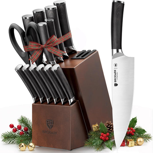 15PCS Kitchen Knife Set with Block and Dual Sharpener,Wooden Handle | High Carbon Stainless Steel Knife Set, Ultra Sharp Knives, Full Tang Ergonomic Handle, For Daily Cooking, Holiday Gifts