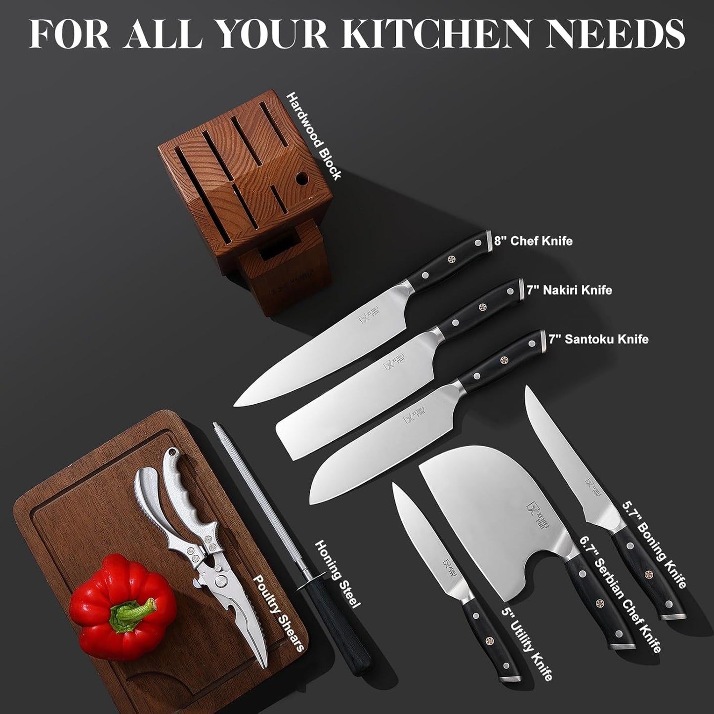 Chef Knife Set, Hand Forged Meat Boning Carving Cleaver Butcher Knife, High Carbon Steel Japan Nakiri Santoku Knife Set with Accessories for Kitchen, BBQ Camping Knives Set with Bag