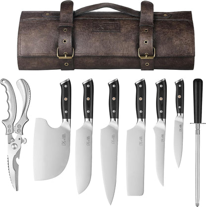 Chef Knife Set, Hand Forged Meat Boning Carving Cleaver Butcher Knife, High Carbon Steel Japan Nakiri Santoku Knife Set with Accessories for Kitchen, BBQ Camping Knives Set with Bag