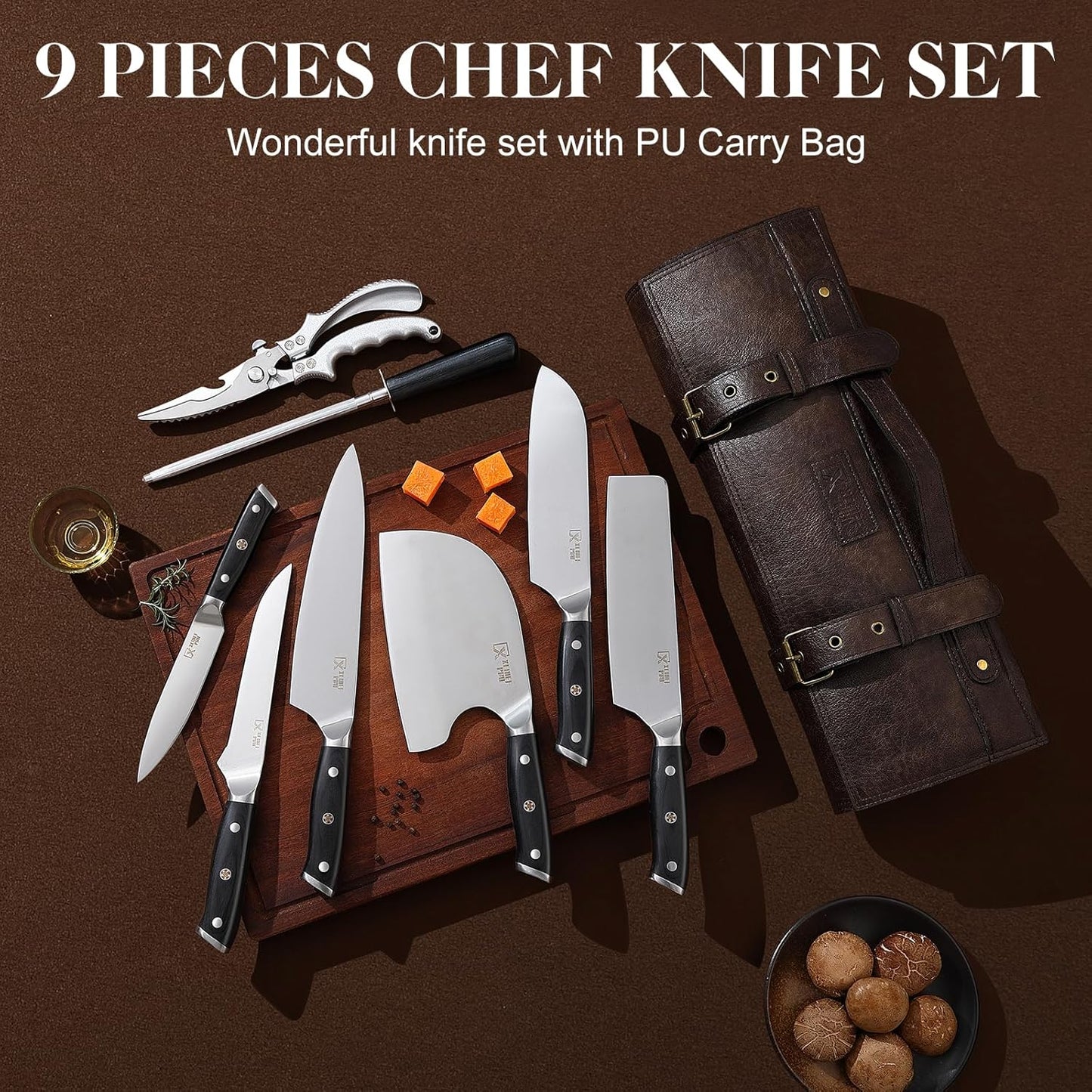 Chef Knife Set, Hand Forged Meat Boning Carving Cleaver Butcher Knife, High Carbon Steel Japan Nakiri Santoku Knife Set with Accessories for Kitchen, BBQ Camping Knives Set with Bag