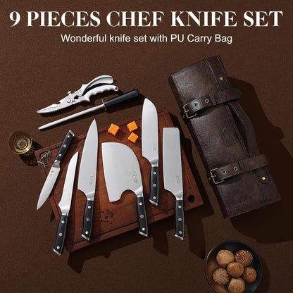 Chef Knife Set, Hand Forged Meat Boning Carving Cleaver Butcher Knife, High Carbon Steel Japan Nakiri Santoku Knife Set with Accessories for Kitchen, BBQ Camping Knives Set with Bag