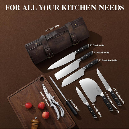 Chef Knife Set, Hand Forged Meat Boning Carving Cleaver Butcher Knife, High Carbon Steel Japan Nakiri Santoku Knife Set with Accessories for Kitchen, BBQ Camping Knives Set with Bag