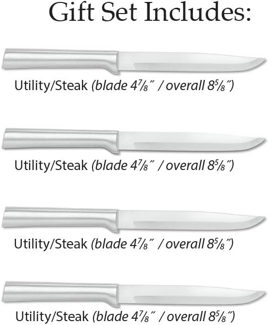 Four Utility/Steak Knives Gift Set (S55), Silver Handle | 4-Piece Knife Set , Stainless Steel Blade, Silver Cast Aluminum Handle