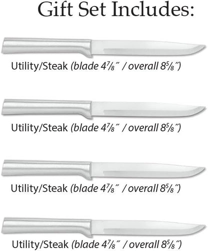 Four Utility/Steak Knives Gift Set (S55), Silver Handle | 4-Piece Knife Set , Stainless Steel Blade, Silver Cast Aluminum Handle