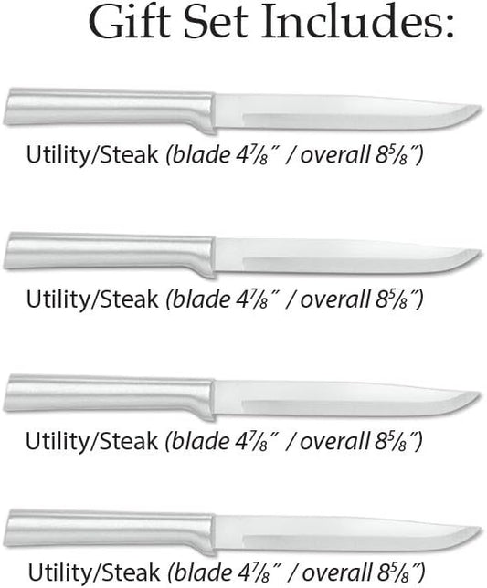 Four Utility/Steak Knives Gift Set (S55), Silver Handle | 4-Piece Knife Set , Stainless Steel Blade, Silver Cast Aluminum Handle
