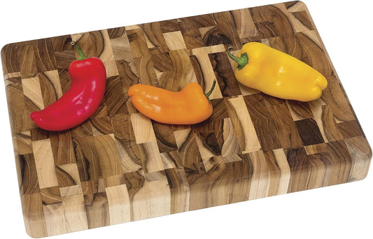Teak Wood End Grain Kitchen Chopping Block and Cutting Board, Small, 12" x 8" x 1-1/4"