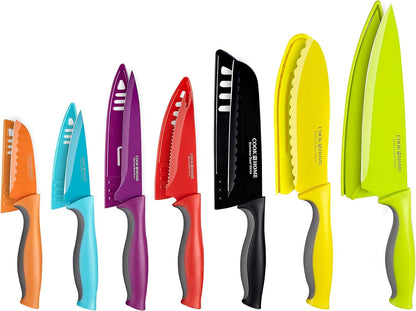 Basics Cutlery Kitchen Knife Set, Coated Carbon Stainless Steel Knife Set with Sheaths, Non-stick Sharp Blades, Multicolor, 14-Piece with Ergonomic Handles