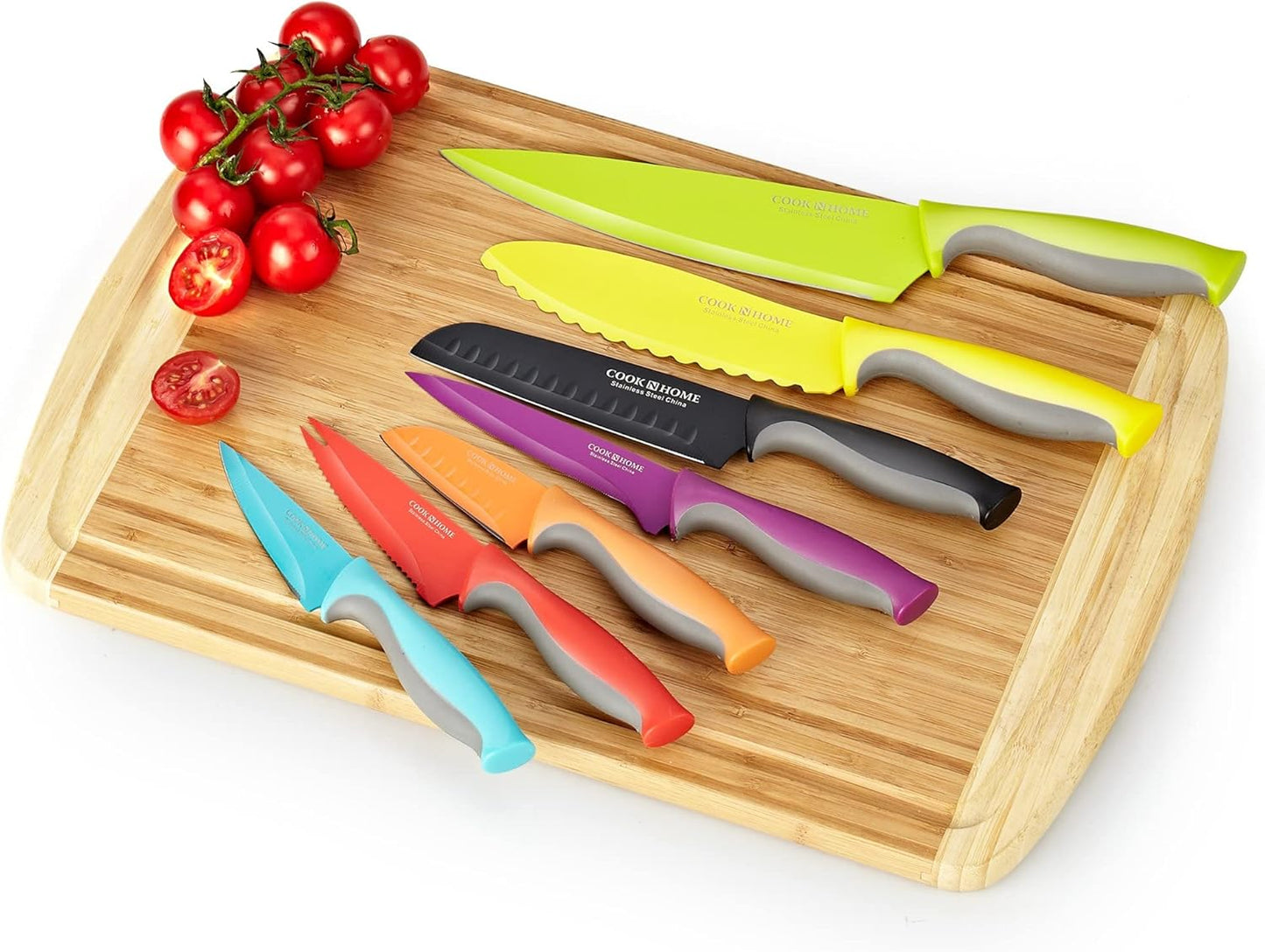 Basics Cutlery Kitchen Knife Set, Coated Carbon Stainless Steel Knife Set with Sheaths, Non-stick Sharp Blades, Multicolor, 14-Piece with Ergonomic Handles
