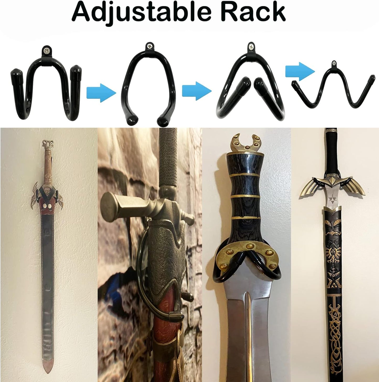 4 Pack Mini Adjustable Wall Mount Hook Display Hanger Rack - Strong & Flexible, Fits Every Shape and Size. For Sword, Dagger, Axe, Broadsword, Keyblade, etc.