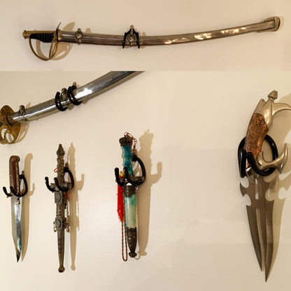 4 Pack Mini Adjustable Wall Mount Hook Display Hanger Rack - Strong & Flexible, Fits Every Shape and Size. For Sword, Dagger, Axe, Broadsword, Keyblade, etc.