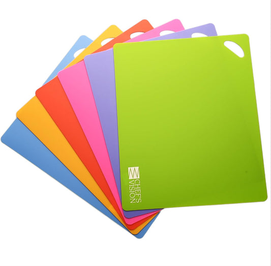 Flexible Plastic Cutting Mats, 6-Pack, 15" x 12", 1.2mm Thick | Large color-coded cutting board set for kitchen prep; dishwasher-safe mats with textured grip and a bend-and-pour design.