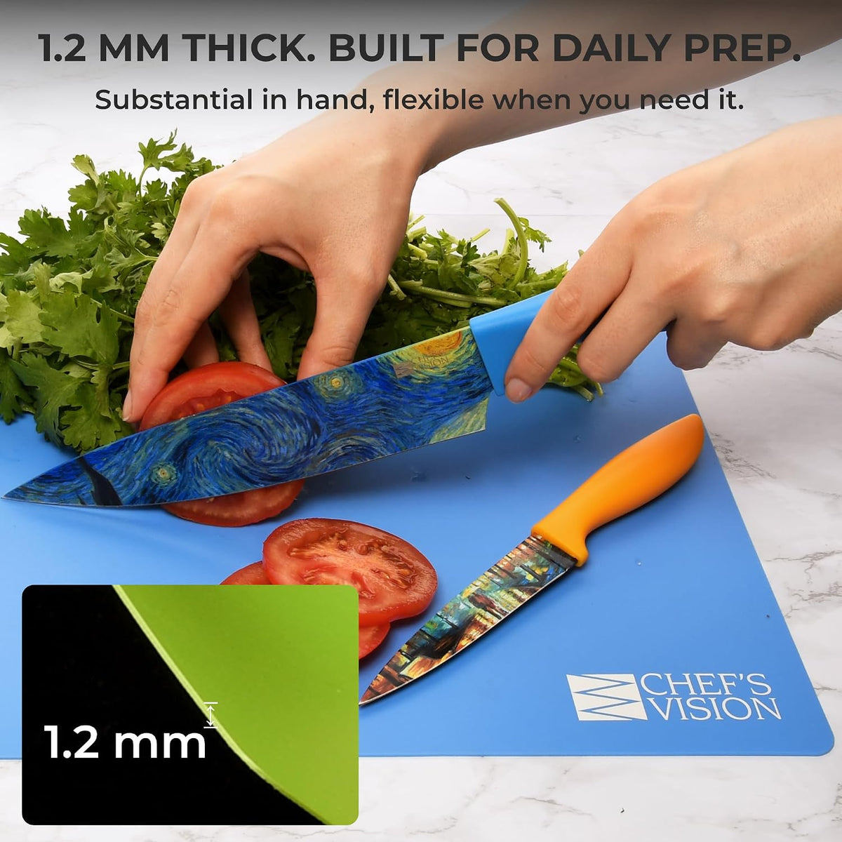 Flexible Plastic Cutting Mats, 6-Pack, 15" x 12", 1.2mm Thick | Large color-coded cutting board set for kitchen prep; dishwasher-safe mats with textured grip and a bend-and-pour design.