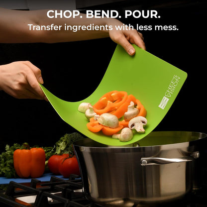 Flexible Plastic Cutting Mats, 6-Pack, 15" x 12", 1.2mm Thick | Large color-coded cutting board set for kitchen prep; dishwasher-safe mats with textured grip and a bend-and-pour design.