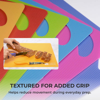 Flexible Plastic Cutting Mats, 6-Pack, 15" x 12", 1.2mm Thick | Large color-coded cutting board set for kitchen prep; dishwasher-safe mats with textured grip and a bend-and-pour design.