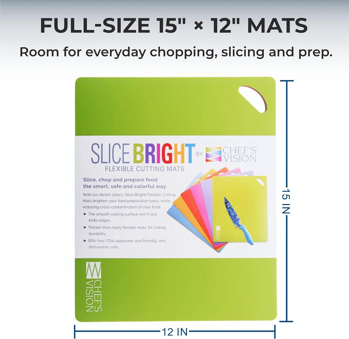 Flexible Plastic Cutting Mats, 6-Pack, 15" x 12", 1.2mm Thick | Large color-coded cutting board set for kitchen prep; dishwasher-safe mats with textured grip and a bend-and-pour design.
