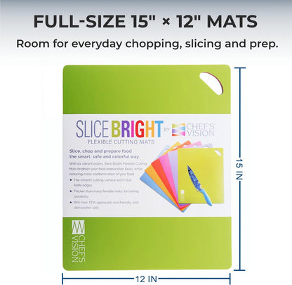 Flexible Plastic Cutting Mats, 6-Pack, 15" x 12", 1.2mm Thick | Large color-coded cutting board set for kitchen prep; dishwasher-safe mats with textured grip and a bend-and-pour design.