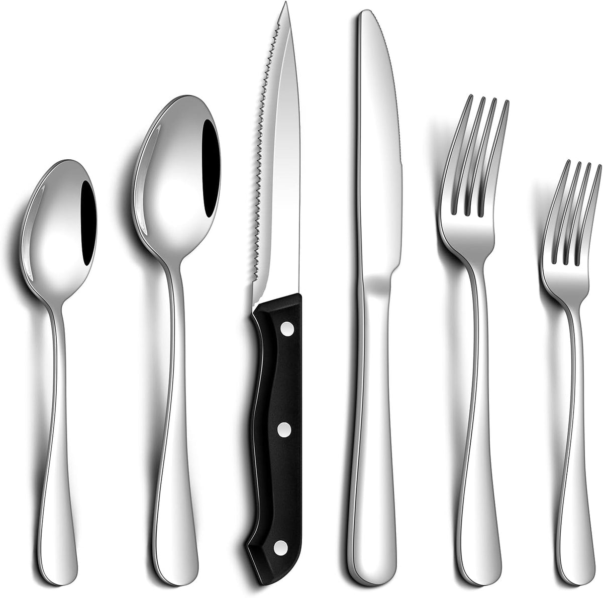 24 Piece Silverware Set with Steak Knives, Stainless Steel Flatware Set for 4 Food Grade Novelty Flatware Cutlery Utensil Set Include Knife Fork Spoon Mirror Polished Dishwasher Safe